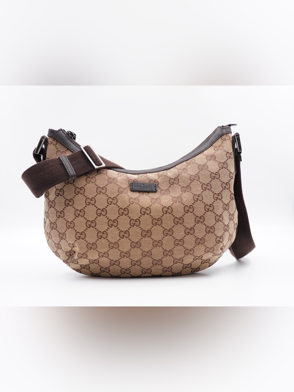 Gucci Halfmoon Brown GG Canvas Shoulder Bag with Dark Brown Trim